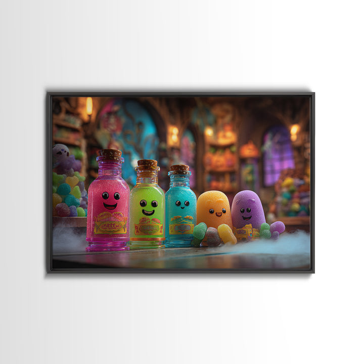 The Jellybean Potion Shop, Retro Neon Halloween Art, Landscape Wall Art, Canvas Print, Retro Halloween Decor, Neon Wall Art