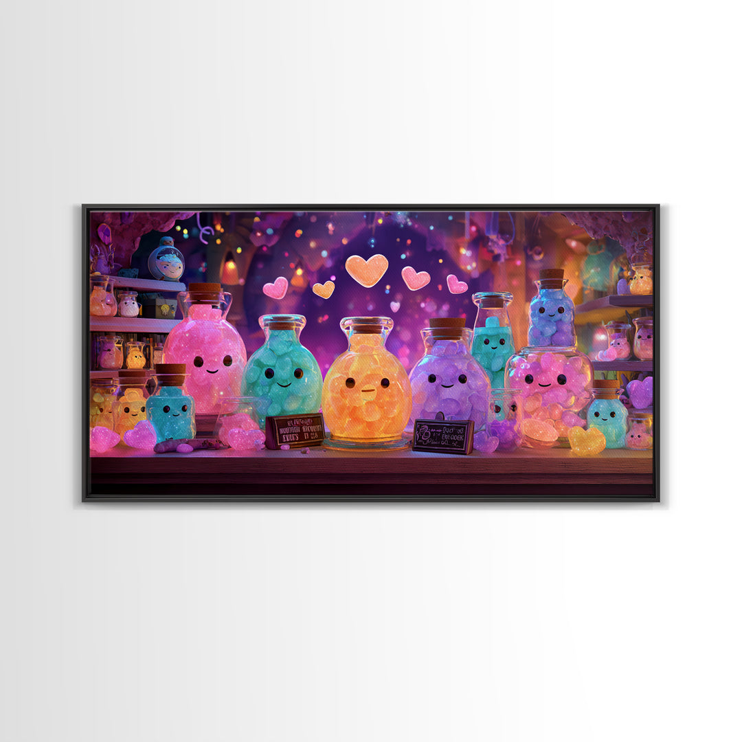 The Jellybean Potion Shop, Cute Spooky Neon Art, Wide Panoramic Art, Canvas Print, Retro Halloween Decor, Neon Wall Art, Statement Wall Art