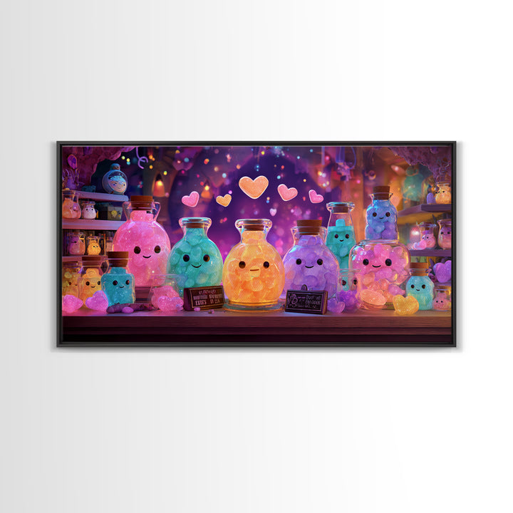 The Jellybean Potion Shop, Cute Spooky Neon Art, Wide Panoramic Art, Canvas Print, Retro Halloween Decor, Neon Wall Art, Statement Wall Art