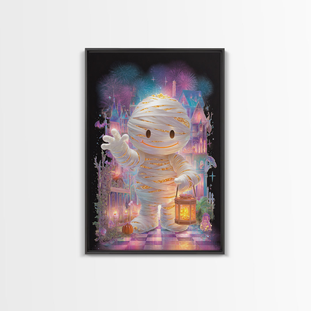 The Popcorn Mummy, Cute Spooky Neon Art, Vertical Wall Art, Framed Canvas Print, Retro Halloween Decor, Neon Wall Art, Spooky Wall Decor