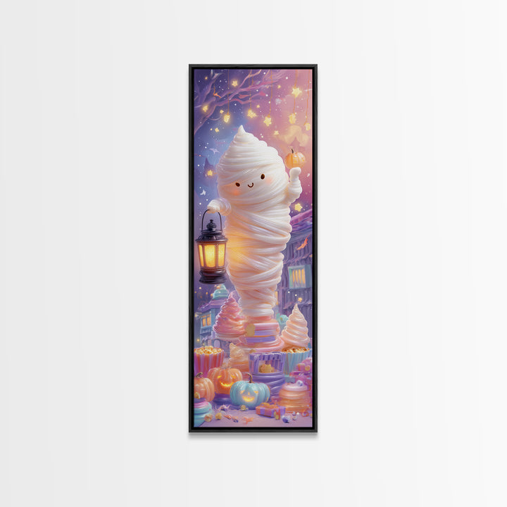 The Popcorn Mummy, Cute Spooky Neon Art, Tall Narrow Wall Art, Canvas Print, Retro Halloween Decor, Neon Wall Art, Dark Fantasy Art