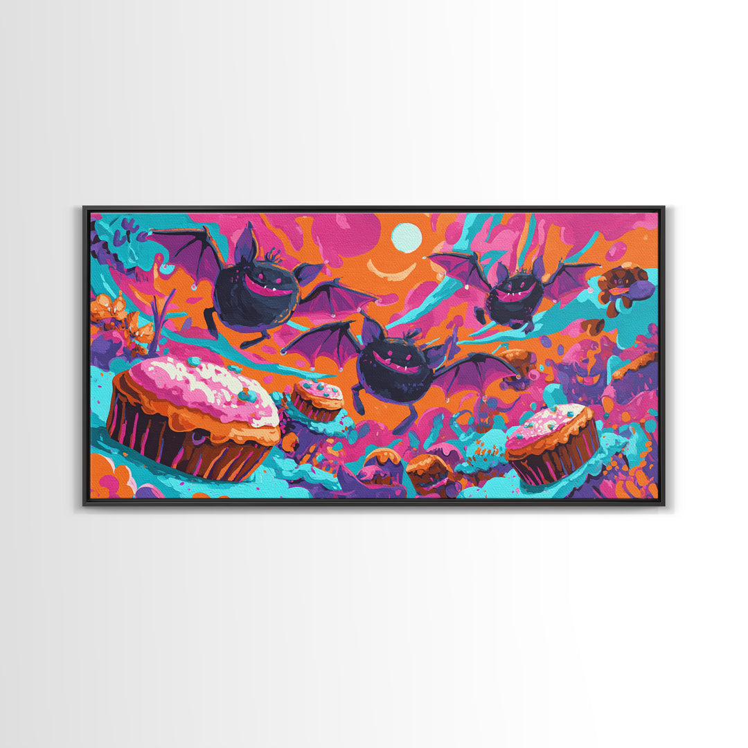 The Brownie Bat Bakery, Cute Spooky Neon Art, Wide Panoramic Art, Framed Canvas Print, Retro Halloween Decor, Neon Wall Art