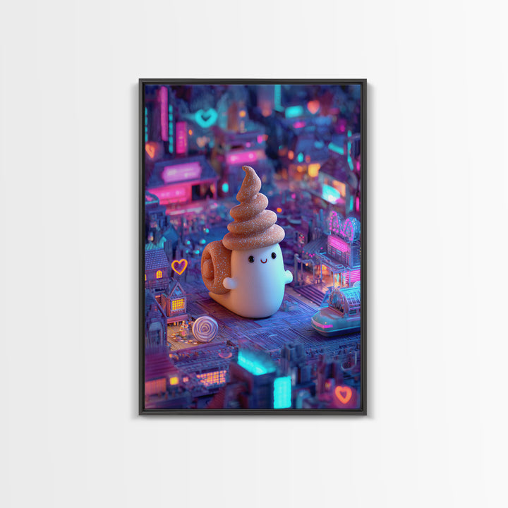 The Cinnamon-Roll Snail Witch, Retro Neon Halloween Art, Vertical Wall Art, Framed Canvas Print, Retro Halloween Decor, Neon Wall Art