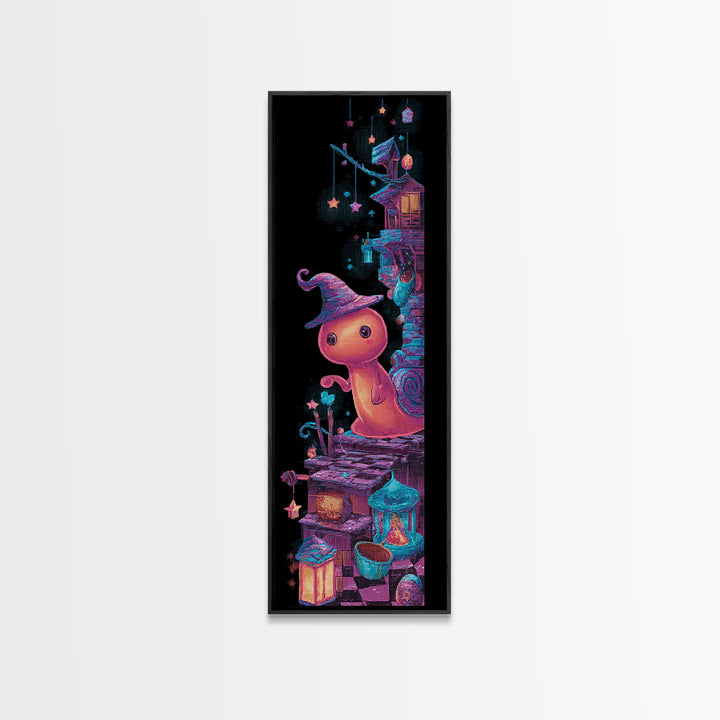 The Cinnamon-Roll Snail Witch, 80s Halloween Wall Art, Tall Narrow Wall Art, Framed Canvas Print, Retro Halloween Decor, Neon Wall Art