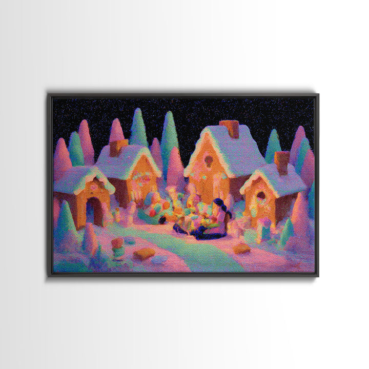 The Halloween Gingerbread Village, 80s Halloween Wall Art, Landscape Wall Art, Framed Canvas Print, Retro Halloween Decor, Neon Wall Art