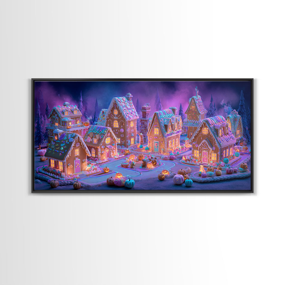 The Halloween Gingerbread Village, Retro Neon Halloween Art, Wide Panoramic Art, Framed Canvas Print, Retro Halloween Decor, Neon Wall Art