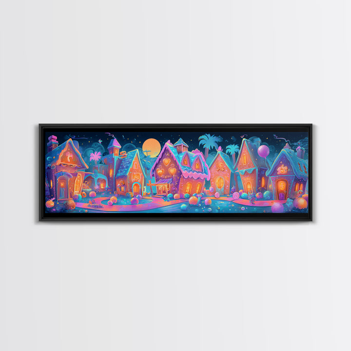 The Halloween Gingerbread Village, Retro Neon Halloween Art, Extra Wide Wall Art, Framed Canvas Print, Retro Halloween Decor, Neon Wall Art