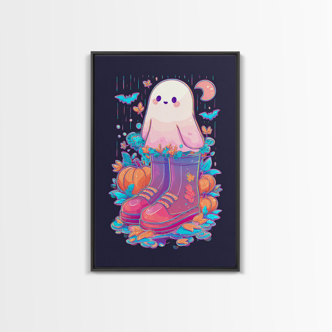 The Ghost In Rain Boots, Synthwave Halloween Art, Vertical Wall Art, Canvas Print, Retro Halloween Decor, Neon Wall Art