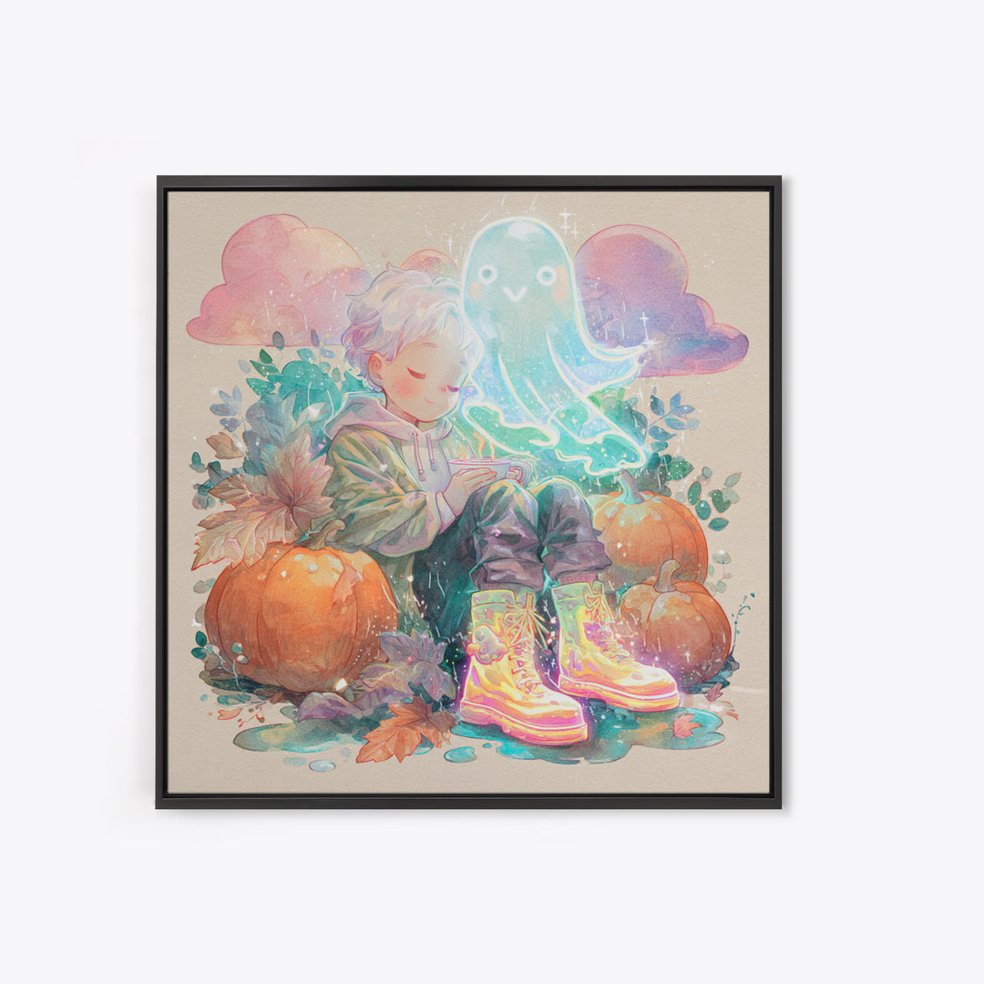 The Ghost In Rain Boots, Cute Spooky Neon Art, Square Wall Art, Framed Canvas Print, Retro Halloween Decor, Neon Wall Art