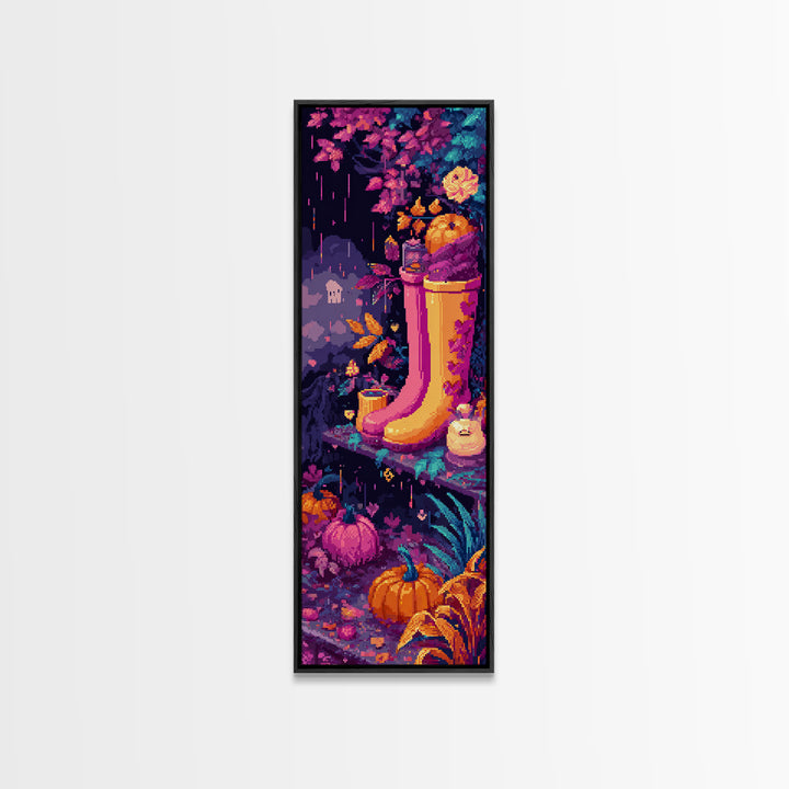 The Ghost In Rain Boots, Retro Neon Halloween Art, Tall Narrow Wall Art, Canvas Print, Retro Halloween Decor, Neon Wall Art