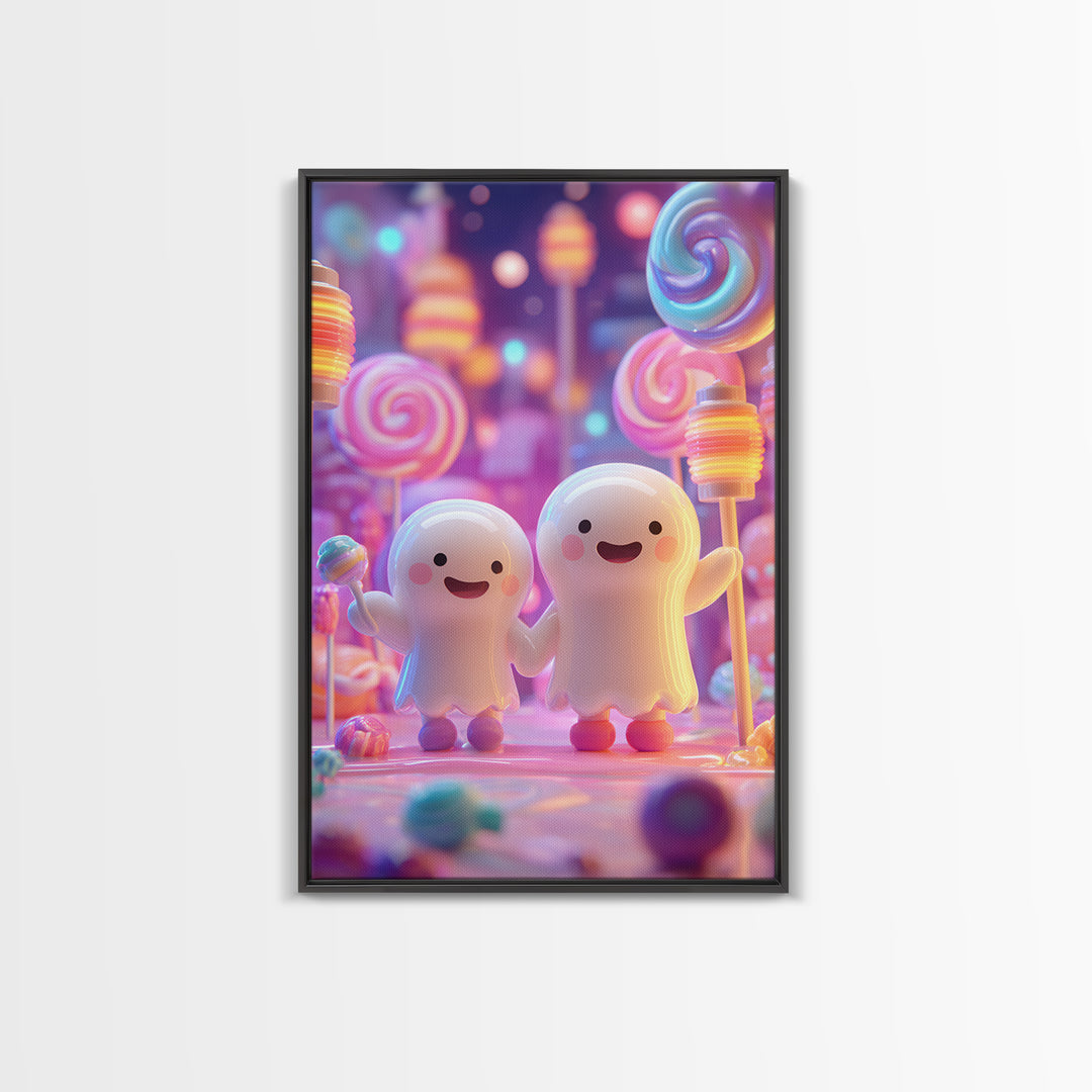 The Ghost Balloon Friend, Cute Spooky Neon Art, Vertical Wall Art, Framed Canvas Print, Retro Halloween Decor, Neon Wall Art