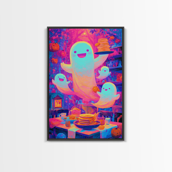 The Ghost Family Breakfast, Synthwave Halloween Art, Vertical Wall Art, Canvas Print, Retro Halloween Decor, Neon Wall Art