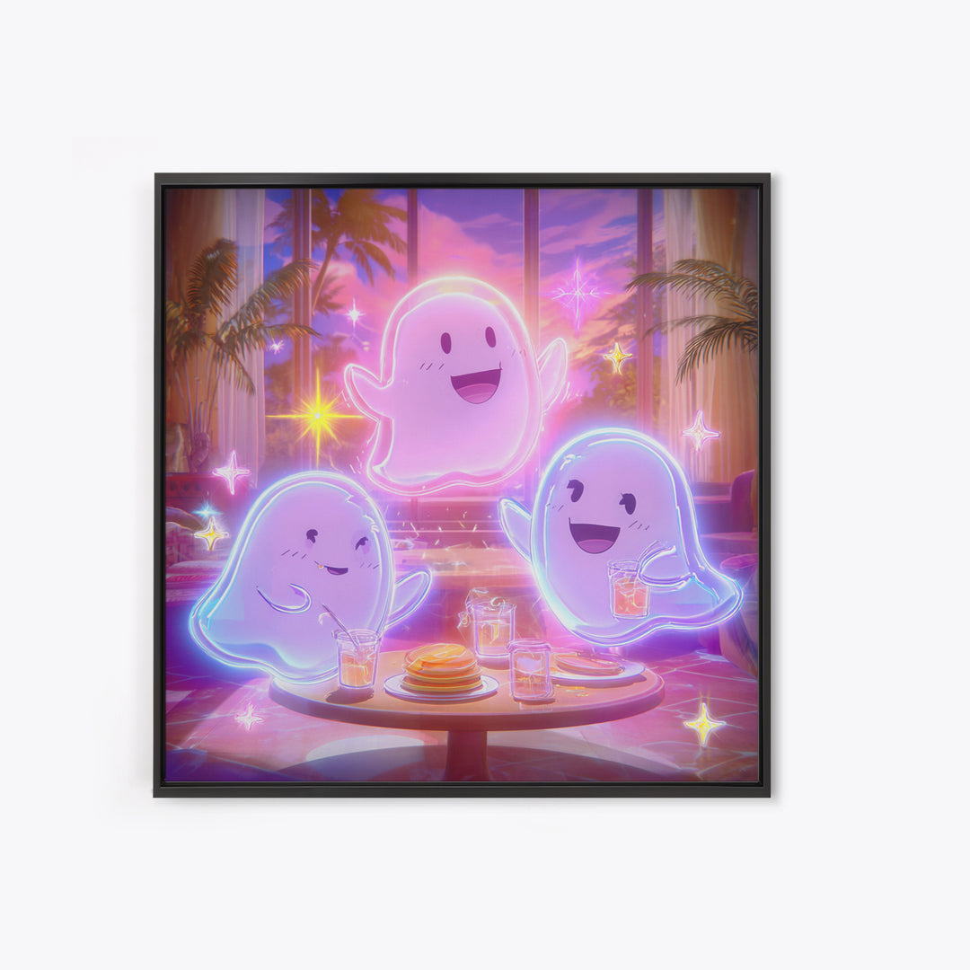 The Ghost Family Breakfast, Retro Neon Halloween Art, Square Wall Art, Framed Canvas Print, Retro Halloween Decor, Neon Wall Art
