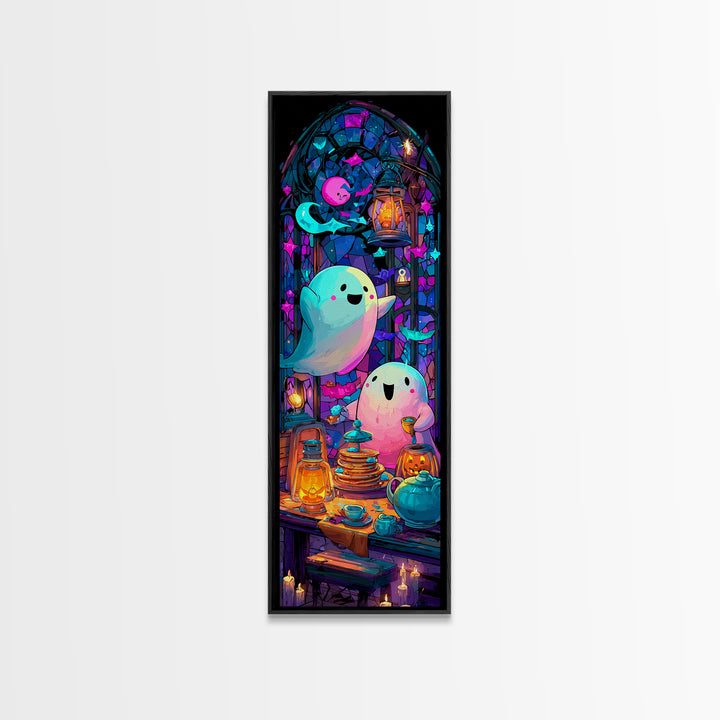The Ghost Family Breakfast, Vaporwave Halloween Decor, Tall Narrow Wall Art, Canvas Print, Retro Halloween Decor, Neon Wall Art