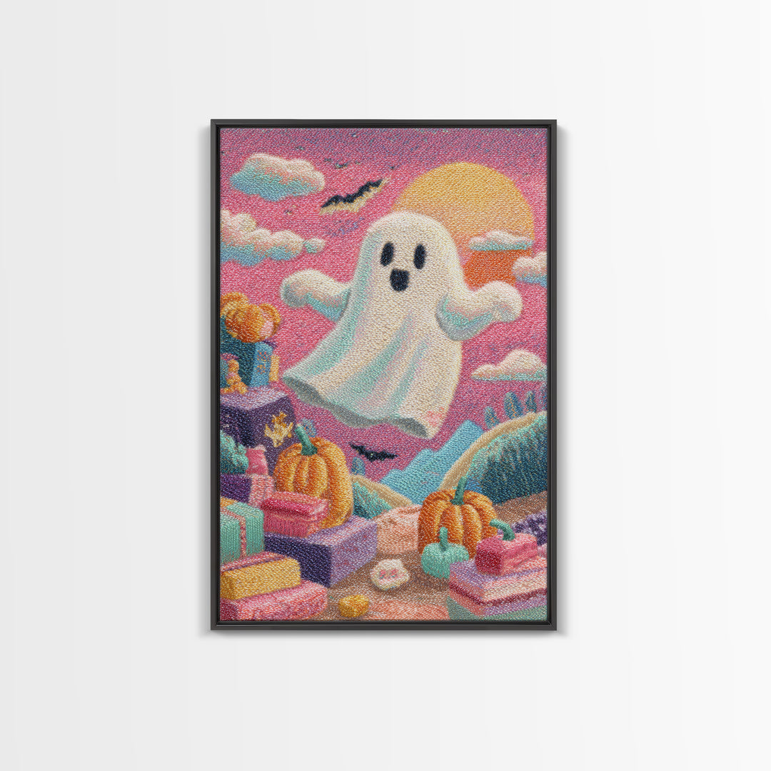 The Ghost Daycare, Retro Neon Halloween Art, Vertical Wall Art, Canvas Print, Retro Halloween Decor, Neon Wall Art, Statement Wall Art