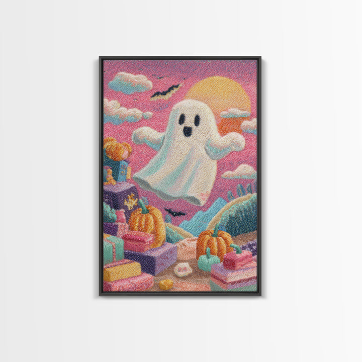 The Ghost Daycare, Retro Neon Halloween Art, Vertical Wall Art, Canvas Print, Retro Halloween Decor, Neon Wall Art, Statement Wall Art
