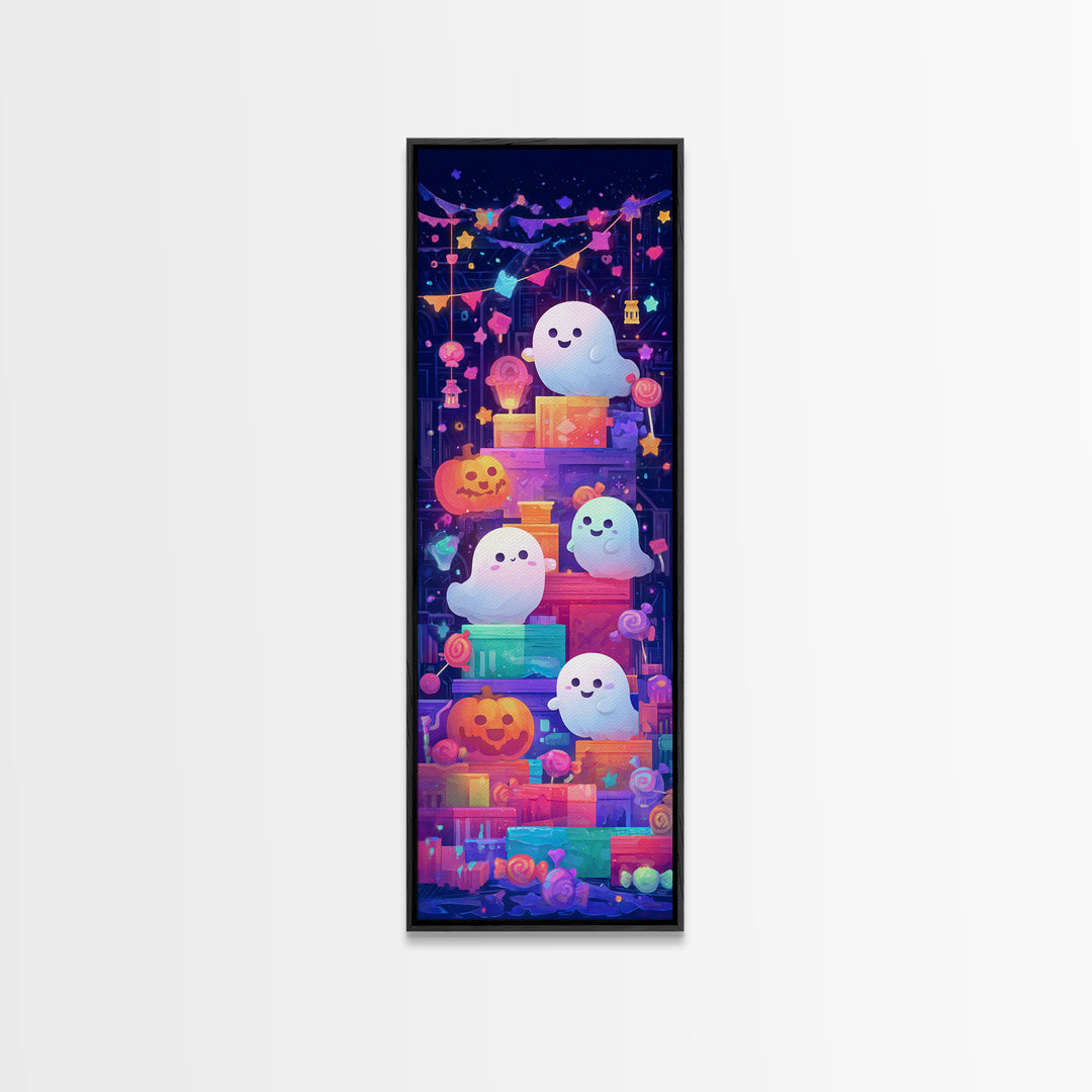 The Ghost Daycare, Retro Neon Halloween Art, Tall Narrow Wall Art, Framed Canvas Print, Retro Halloween Decor, Neon Wall Art