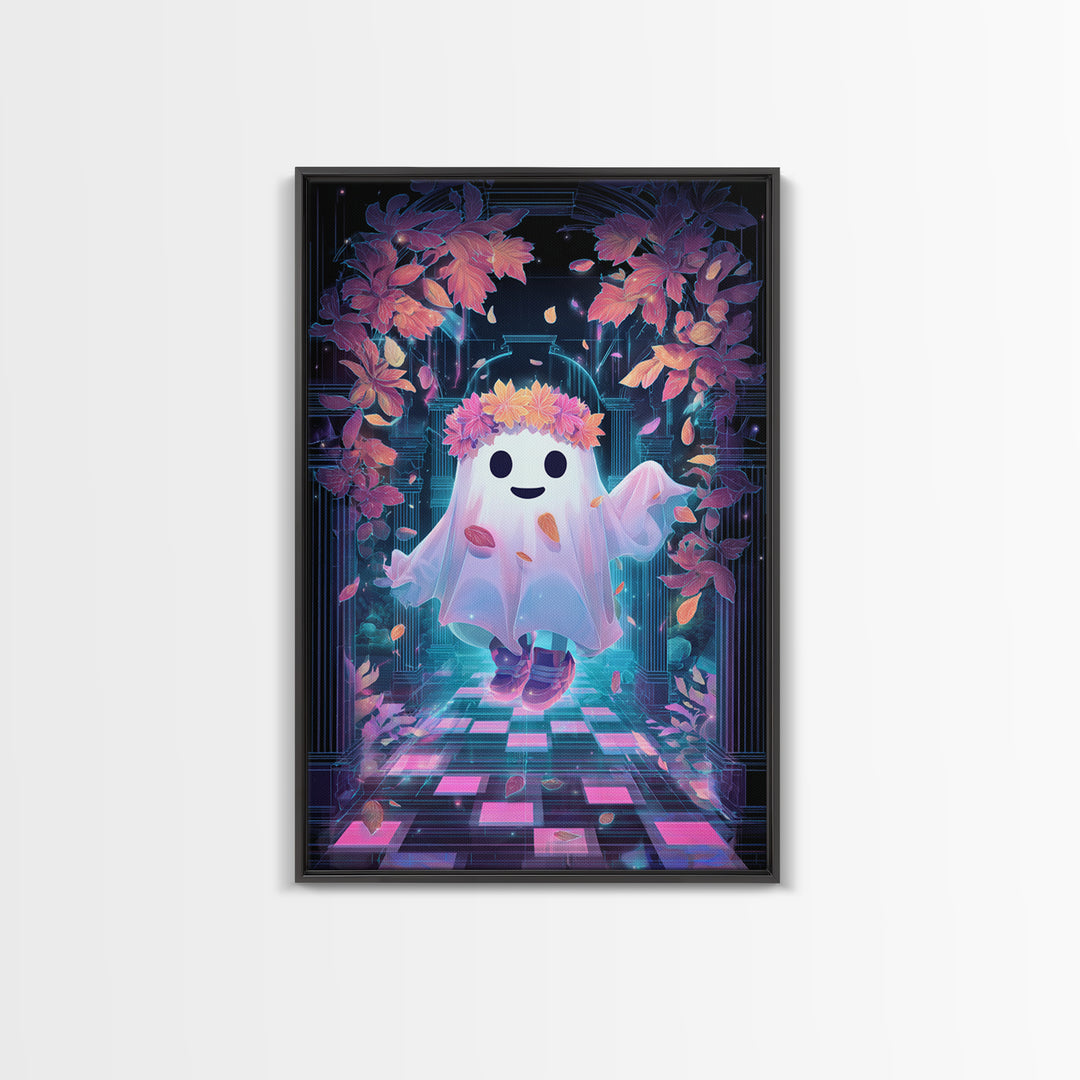 The Ghost With A Flower Crown, Retro Neon Halloween Art, Vertical Wall Art, Framed Canvas Print, Retro Halloween Decor, Neon Wall Art