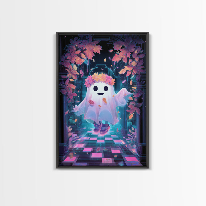 The Ghost With A Flower Crown, Retro Neon Halloween Art, Vertical Wall Art, Framed Canvas Print, Retro Halloween Decor, Neon Wall Art