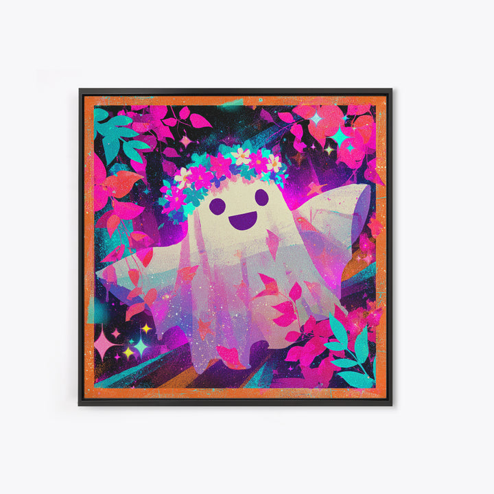 The Ghost With A Flower Crown, Vaporwave Halloween Decor, Square Wall Art, Canvas Print, Retro Halloween Decor, Neon Wall Art