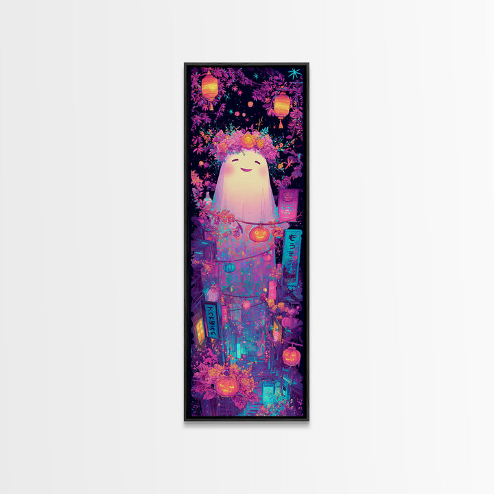 The Ghost With A Flower Crown, Synthwave Halloween Art, Tall Narrow Wall Art, Canvas Print, Retro Halloween Decor, Neon Wall Art