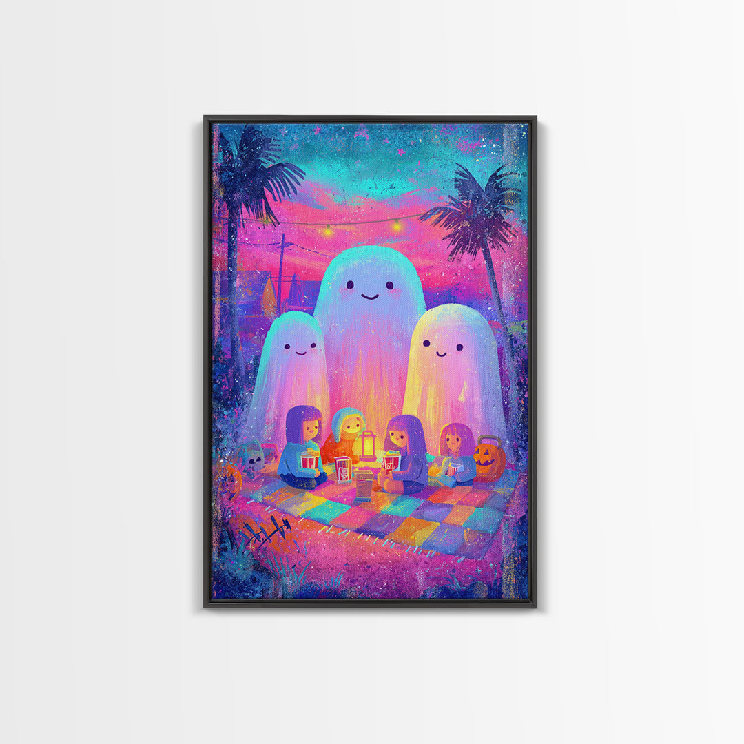 The Sleepy Blanket Ghost, Cute Spooky Neon Art, Vertical Wall Art, Canvas Print, Retro Halloween Decor, Neon Wall Art, Spooky Wall Decor