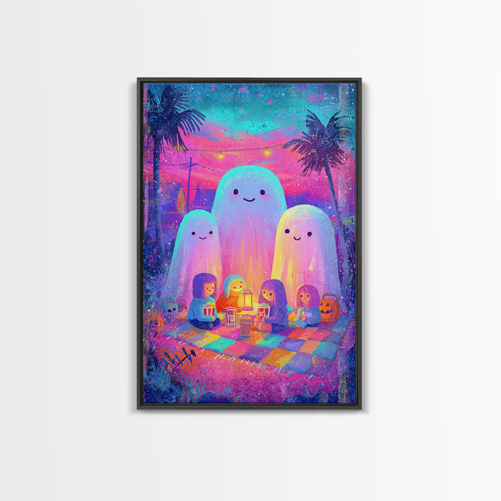 The Sleepy Blanket Ghost, Cute Spooky Neon Art, Vertical Wall Art, Canvas Print, Retro Halloween Decor, Neon Wall Art, Spooky Wall Decor