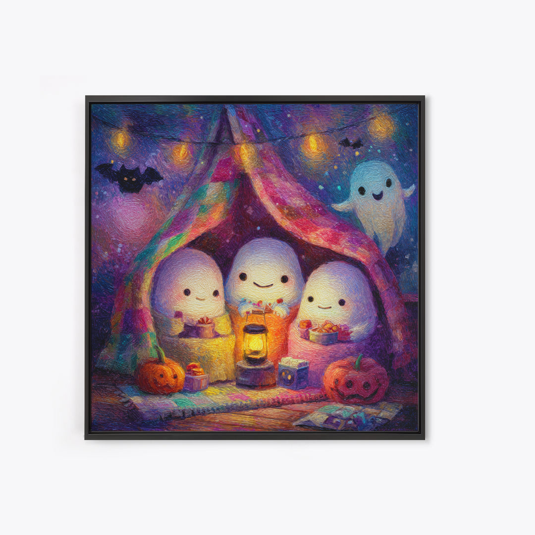 The Sleepy Blanket Ghost, Cute Spooky Neon Art, Square Wall Art, Canvas Print, Retro Halloween Decor, Neon Wall Art, Seasonal Home Decor