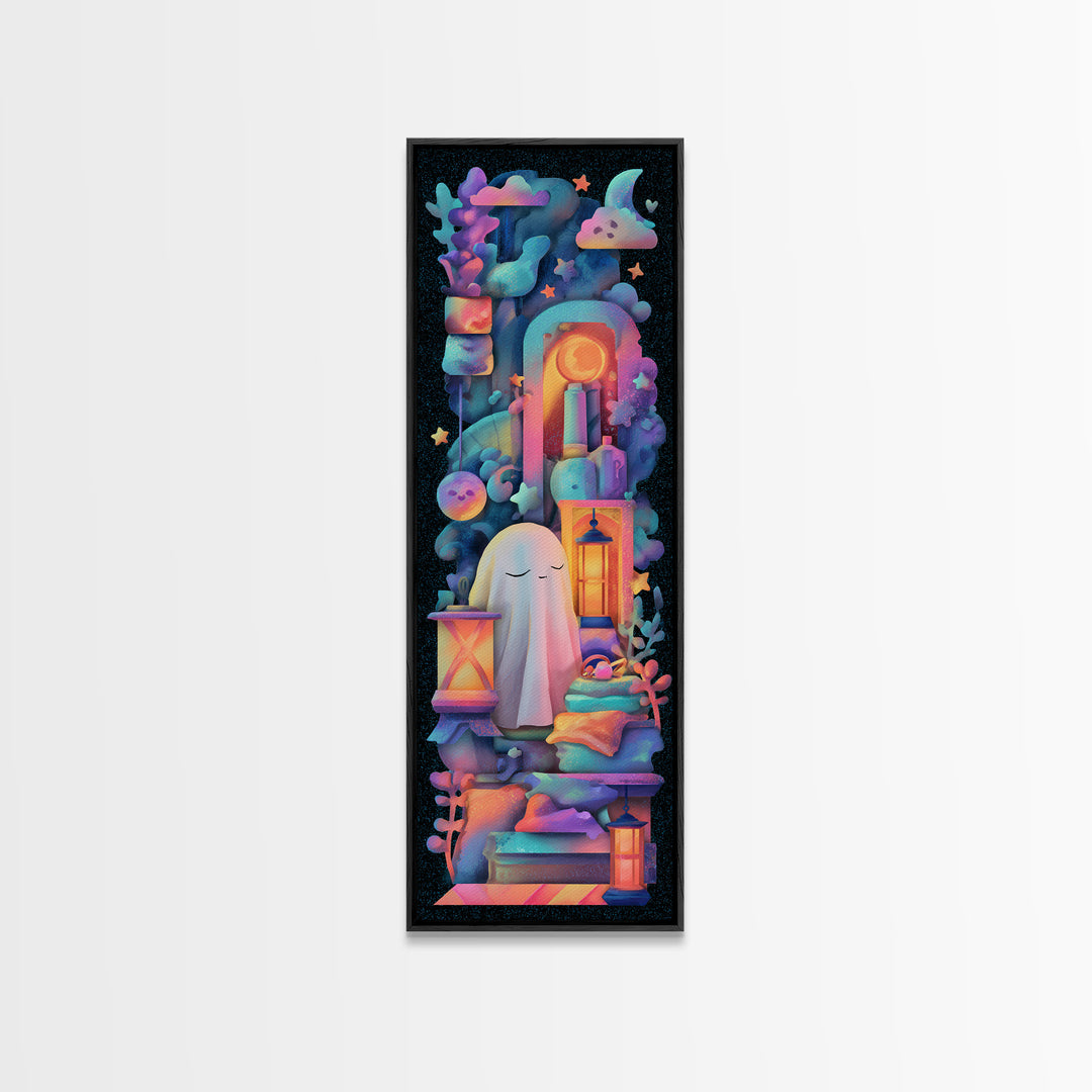 The Sleepy Blanket Ghost, Synthwave Halloween Art, Tall Narrow Wall Art, Canvas Print, Retro Halloween Decor, Neon Wall Art