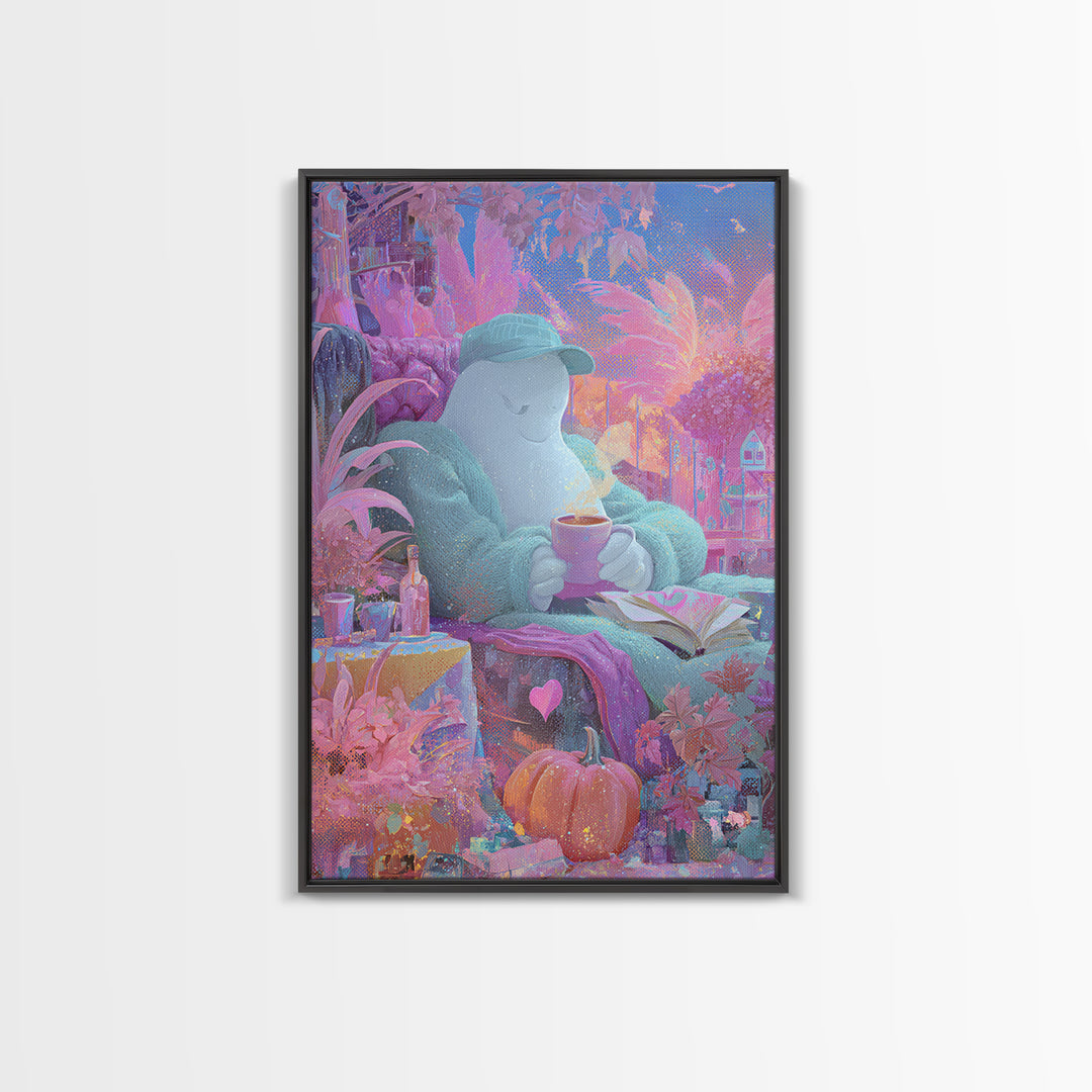 The Ghost Mail Carrier, 80s Halloween Wall Art, Vertical Wall Art, Framed Canvas Print, Retro Halloween Decor, Neon Wall Art