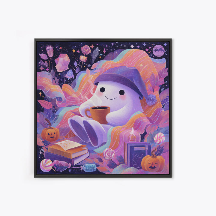 The Ghost Mail Carrier, Cute Spooky Neon Art, Square Wall Art, Framed Canvas Print, Retro Halloween Decor, Neon Wall Art