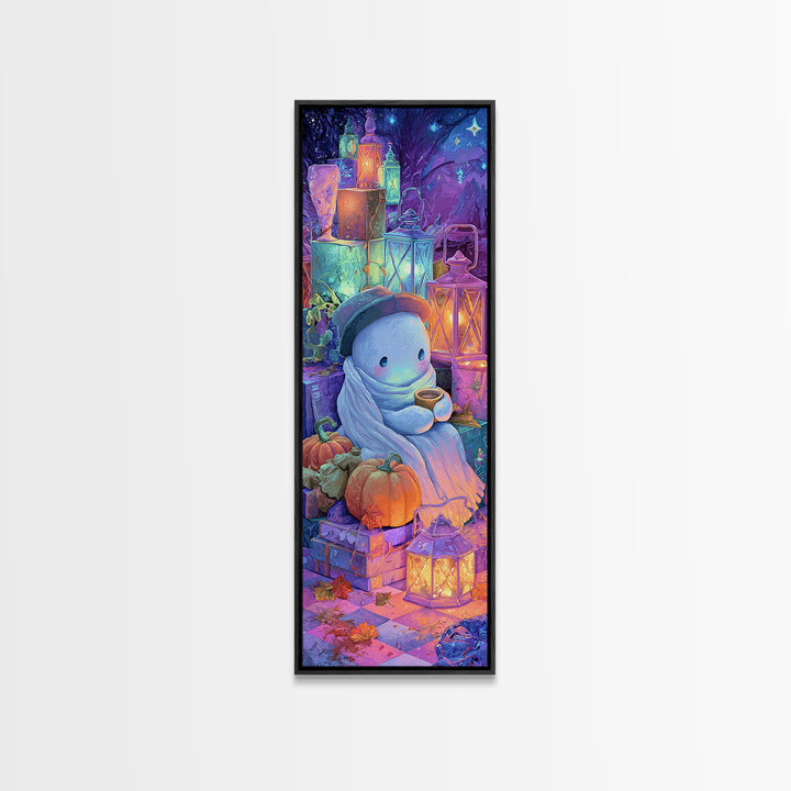 The Ghost Mail Carrier, Vaporwave Halloween Decor, Tall Narrow Wall Art, Framed Canvas Print, Retro Halloween Decor, Neon Wall Art