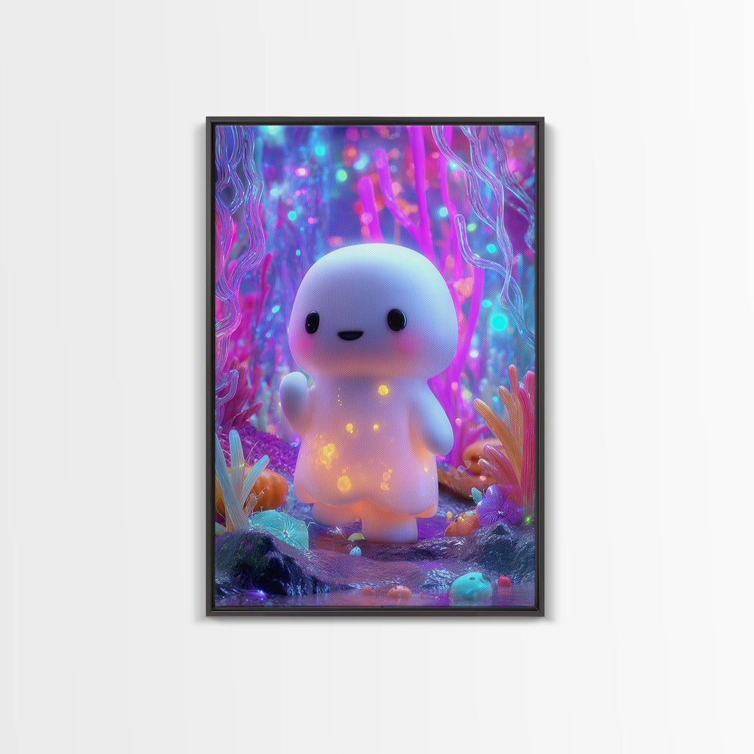 The Ghost And Firefly Friends, Synthwave Halloween Art, Vertical Wall Art, Framed Canvas Print, Retro Halloween Decor, Neon Wall Art