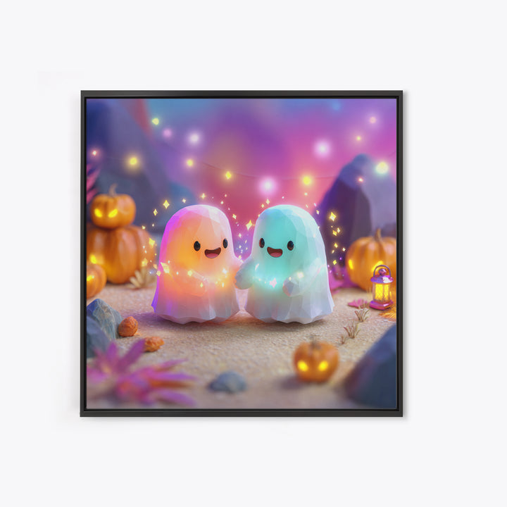The Ghost And Firefly Friends, Cute Spooky Neon Art, Square Wall Art, Framed Canvas Print, Retro Halloween Decor, Neon Wall Art