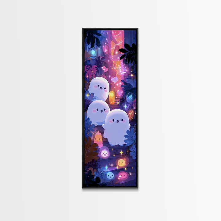 The Ghost And Firefly Friends, Vaporwave Halloween Decor, Tall Narrow Wall Art, Canvas Print, Retro Halloween Decor, Neon Wall Art