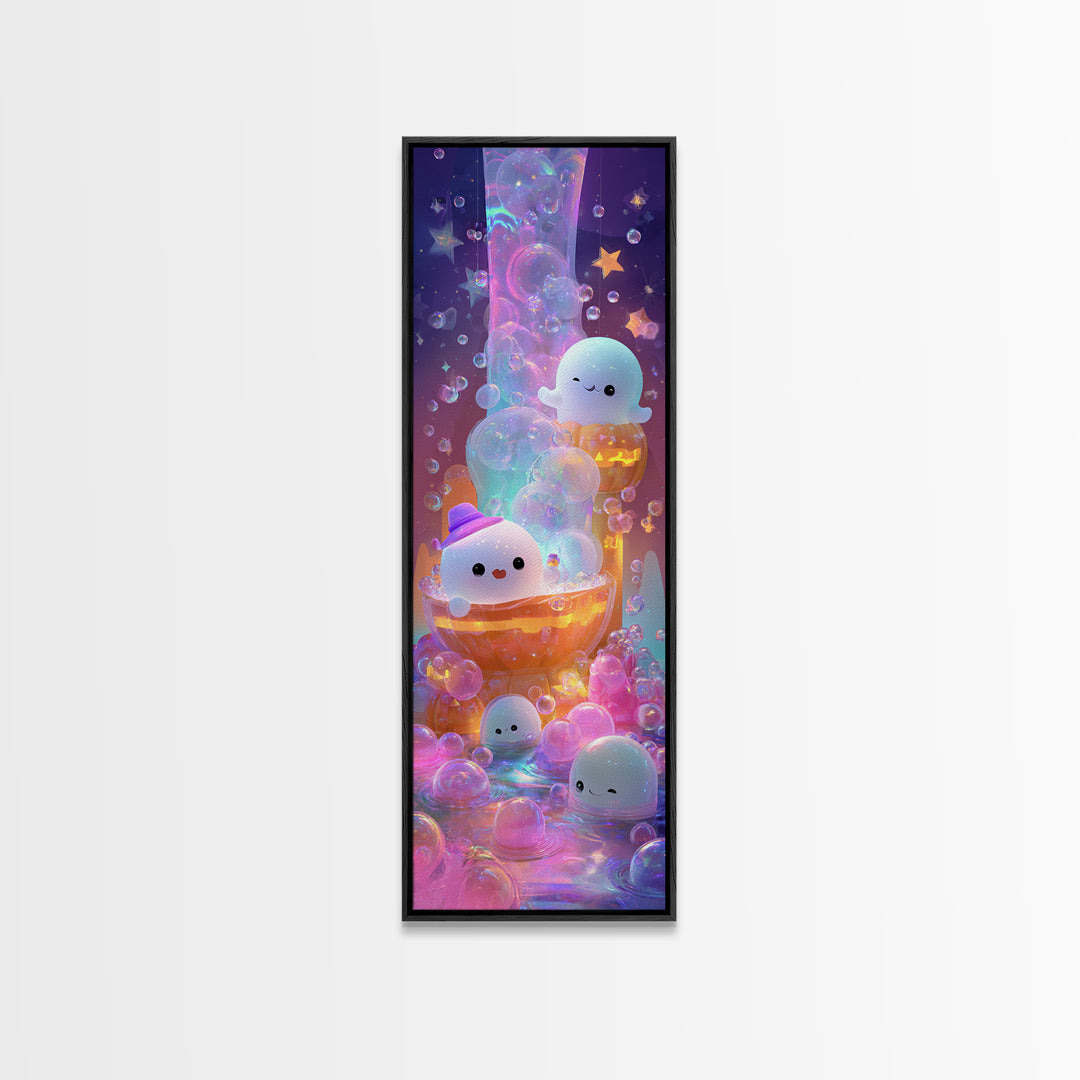 The Ghost Bubble Bath, Cute Spooky Neon Art, Tall Narrow Wall Art, Canvas Print, Retro Halloween Decor, Neon Wall Art, Seasonal Home Decor