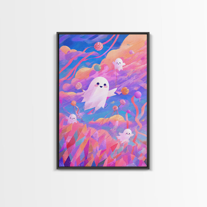 The Ghost Kite Festival, 80s Halloween Wall Art, Vertical Wall Art, Framed Canvas Print, Retro Halloween Decor, Neon Wall Art