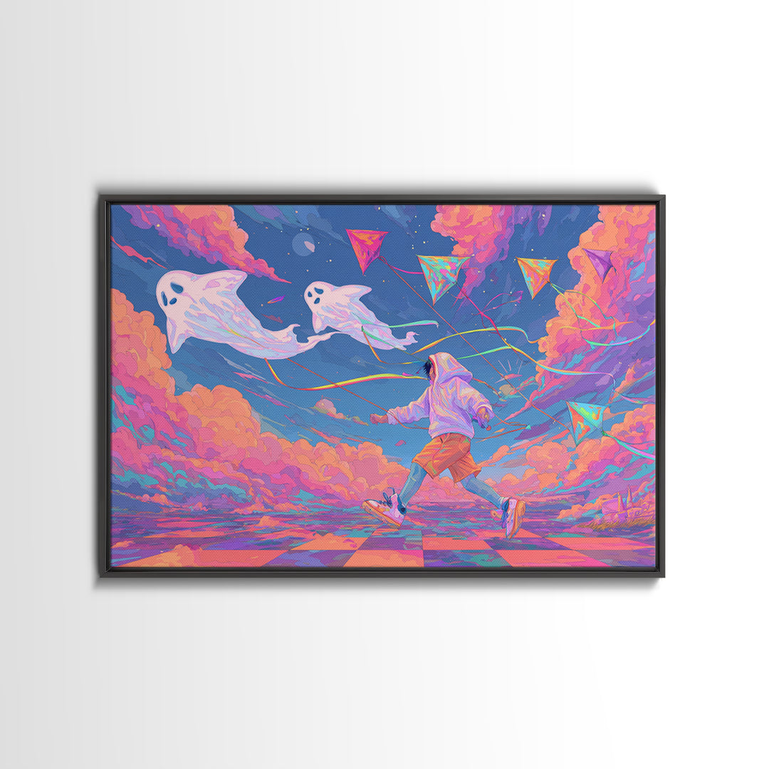 The Ghost Kite Festival, 80s Halloween Wall Art, Landscape Wall Art, Framed Canvas Print, Retro Halloween Decor, Neon Wall Art