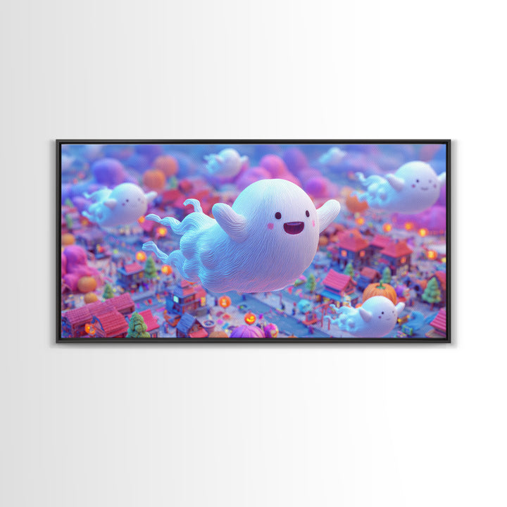 The Ghost Kite Festival, 80s Halloween Wall Art, Wide Panoramic Art, Framed Canvas Print, Retro Halloween Decor, Neon Wall Art