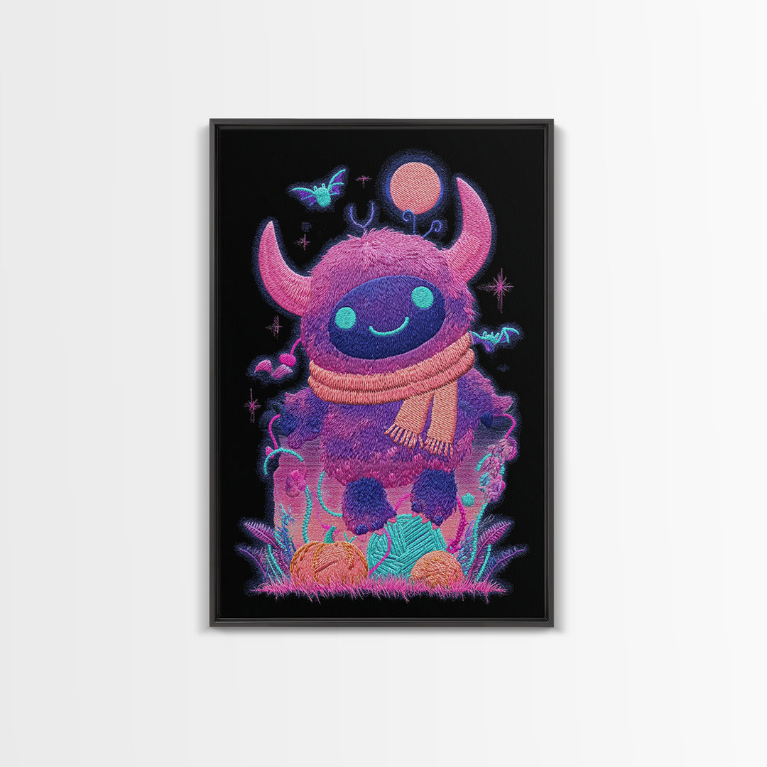 The Fuzzy Purple Monster, Synthwave Halloween Art, Vertical Wall Art, Canvas Print, Retro Halloween Decor, Neon Wall Art, Macabre Wall Art
