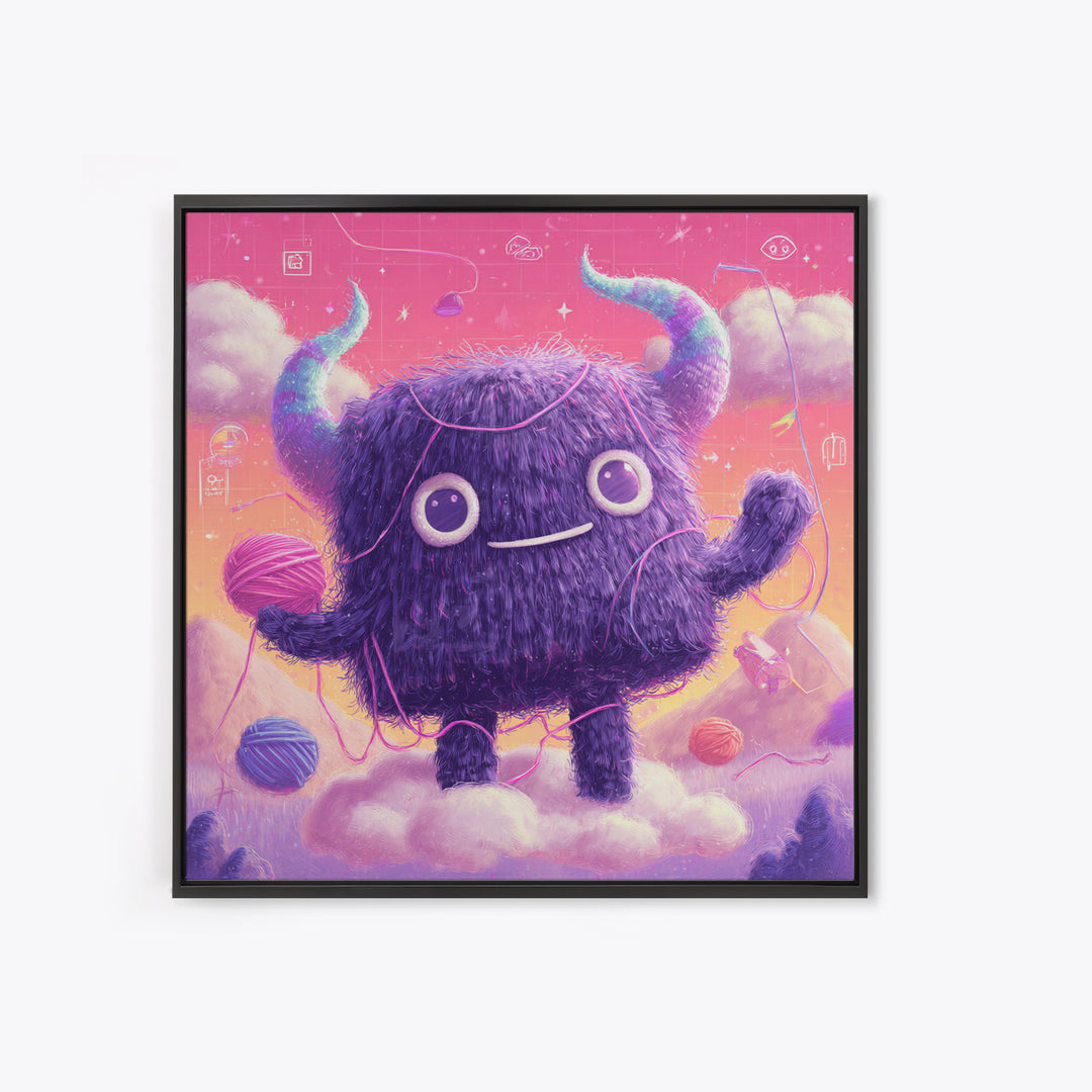 The Fuzzy Purple Monster, Vaporwave Halloween Decor, Square Wall Art, Framed Canvas Print, Retro Halloween Decor, Neon Wall Art