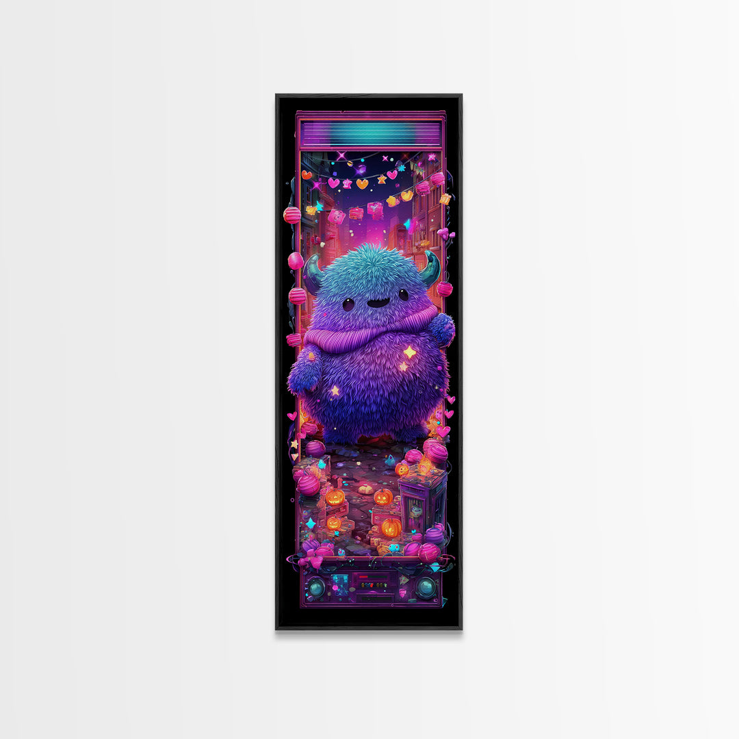 The Fuzzy Purple Monster, Synthwave Halloween Art, Tall Narrow Wall Art, Canvas Print, Retro Halloween Decor, Neon Wall Art