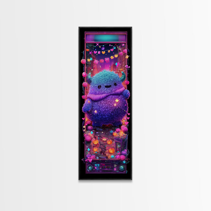 The Fuzzy Purple Monster, Synthwave Halloween Art, Tall Narrow Wall Art, Canvas Print, Retro Halloween Decor, Neon Wall Art