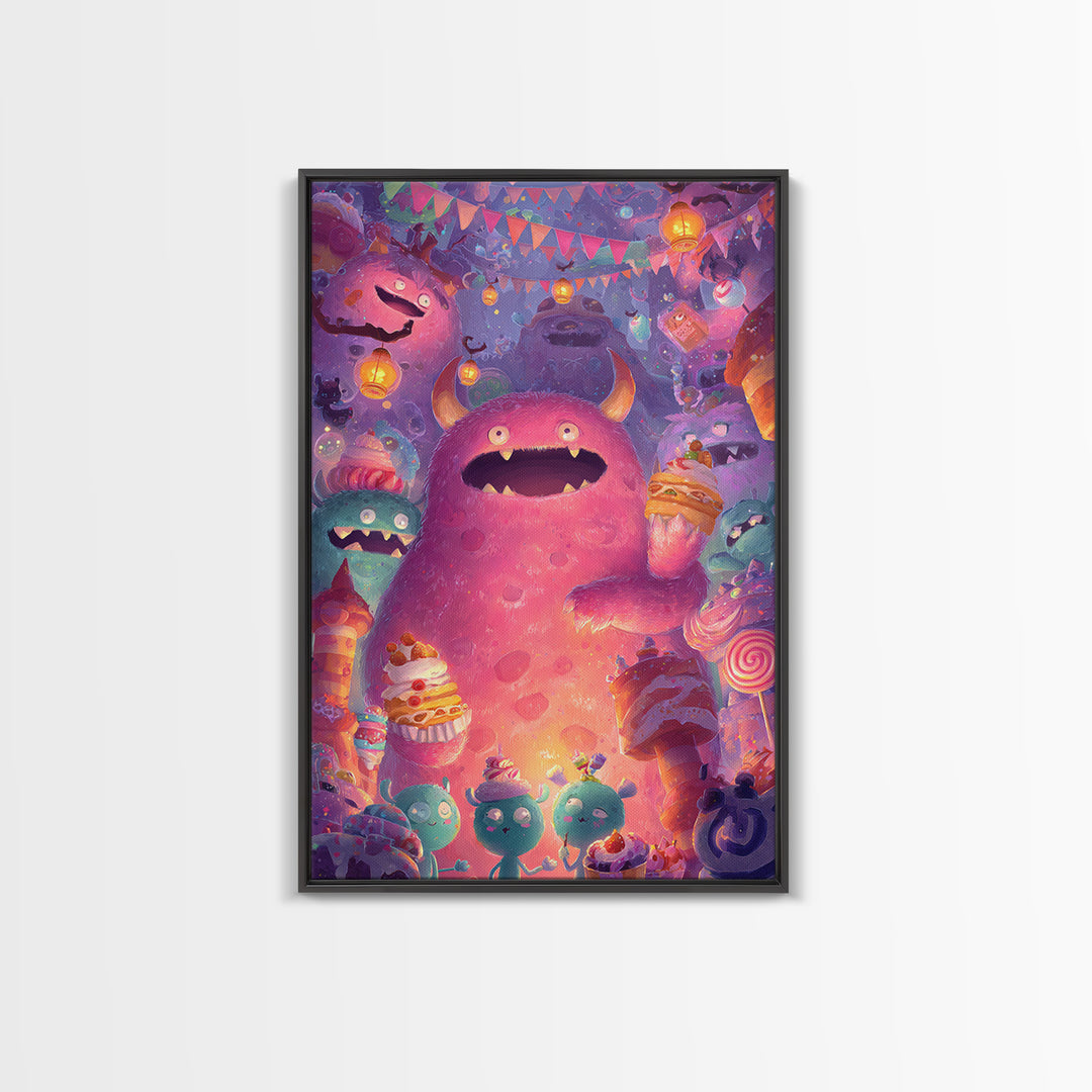 The Polka-Dot Monster, Vaporwave Halloween Decor, Vertical Wall Art, Framed Canvas Print, Retro Halloween Decor, Neon Wall Art