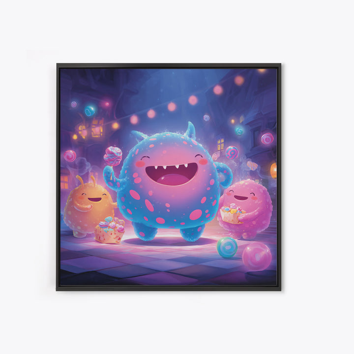 The Polka-Dot Monster, Synthwave Halloween Art, Square Wall Art, Framed Canvas Print, Retro Halloween Decor, Neon Wall Art