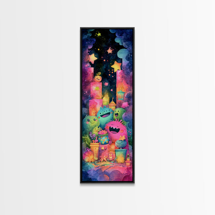 The Polka-Dot Monster, Retro Neon Halloween Art, Tall Narrow Wall Art, Canvas Print, Retro Halloween Decor, Neon Wall Art, Dark Fantasy Art