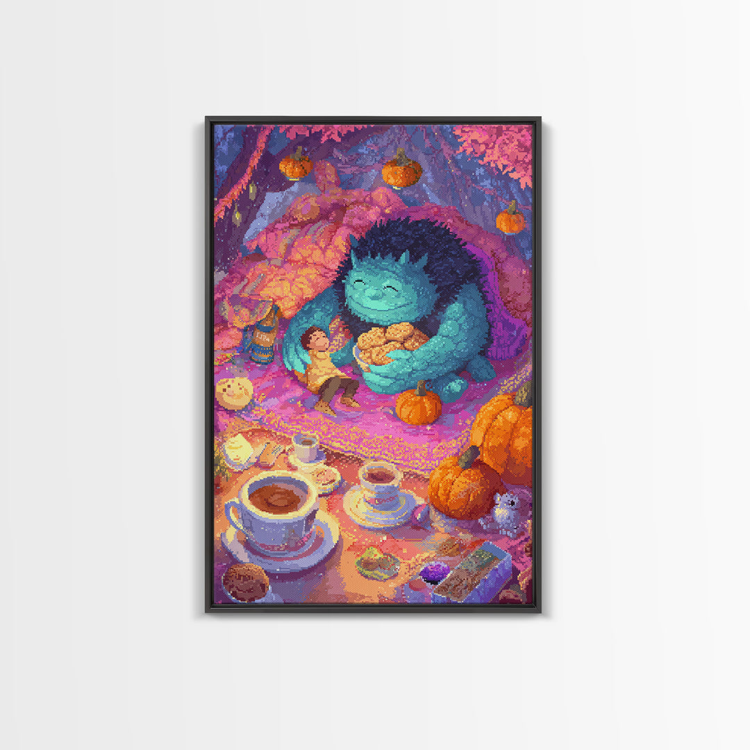 The Monster Under The Bed Tea Party, Retro Neon Halloween Art, Vertical Wall Art, Canvas Print, Retro Halloween Decor, Neon Wall Art