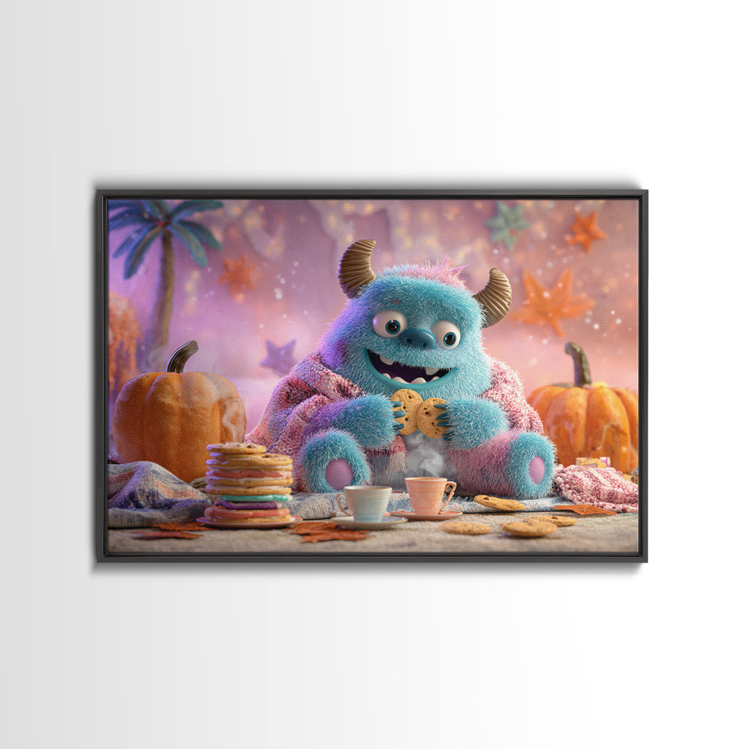 The Monster Under The Bed Tea Party, Vaporwave Halloween Decor, Landscape Wall Art, Canvas Print, Retro Halloween Decor, Neon Wall Art