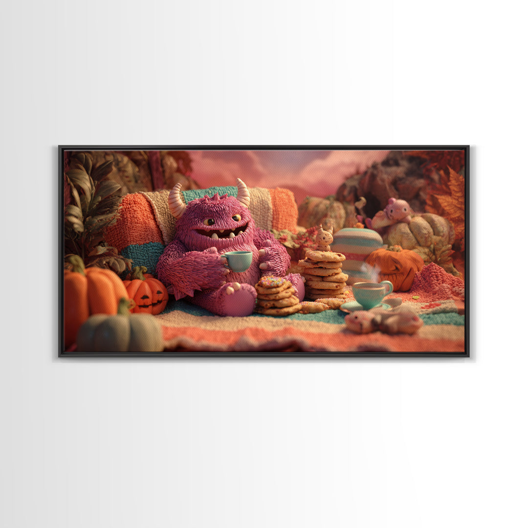 The Monster Under The Bed Tea Party, Vaporwave Halloween Decor, Wide Panoramic Art, Framed Canvas Print, Retro Halloween Decor