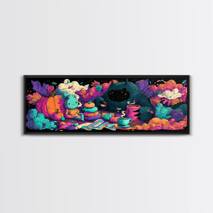 The Monster Under The Bed Tea Party, Synthwave Halloween Art, Extra Wide Wall Art, Canvas Print, Retro Halloween Decor, Neon Wall Art